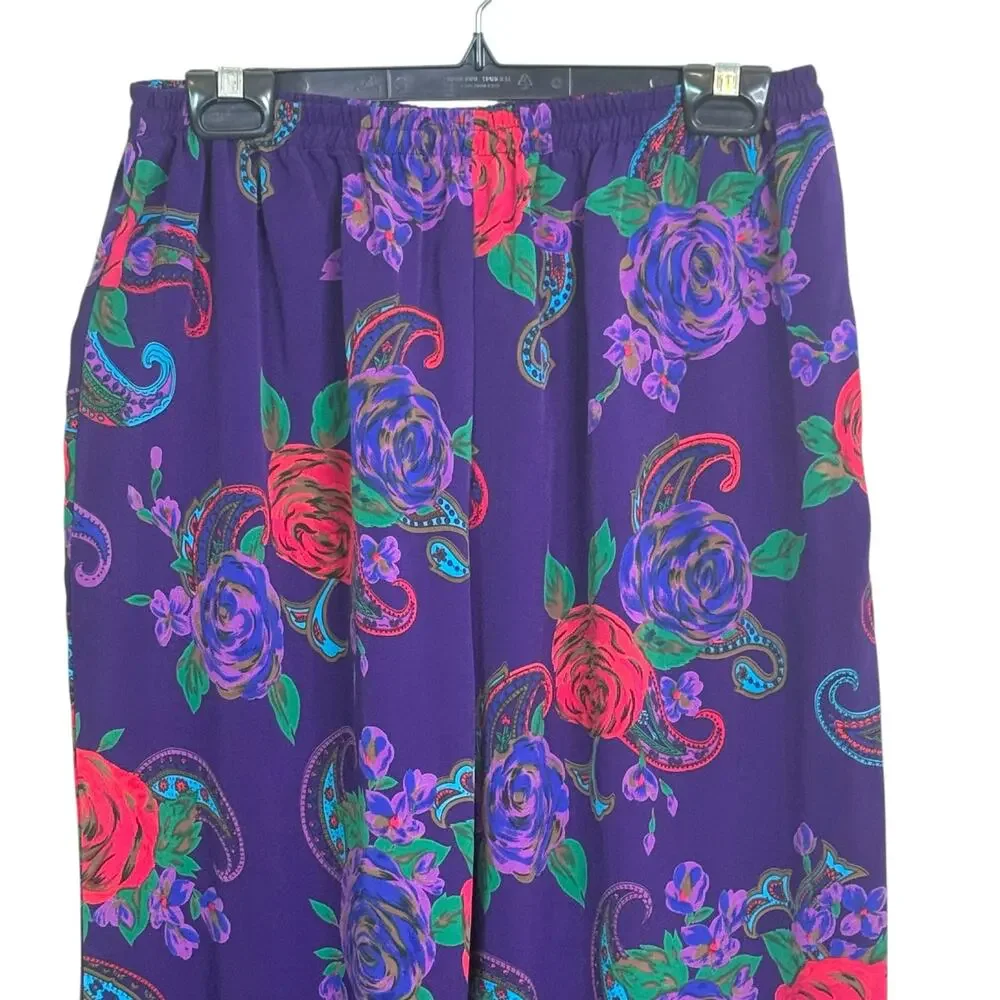 Vintage Victoria's Secret Size Medium Purple Red Rose Print Satin Pants